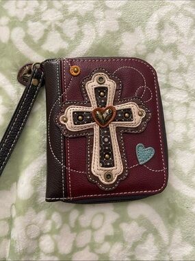 Chala Wristlet Wallet with Decorative Cross - Burgundy & Brown